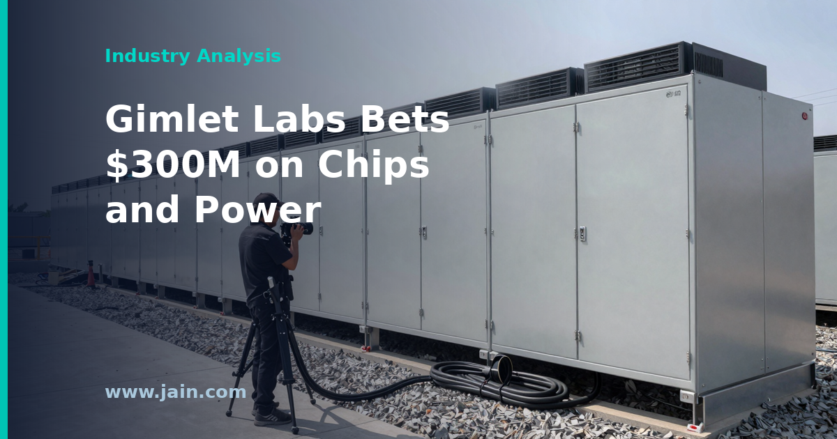 AI server racks beside electrical substation equipment, illustrating Gimlet Labs' several-hundred-megawatt AI compute power strategy