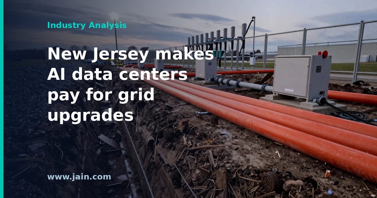 New Jersey data center law: electrical substation and power lines beside a large AI data center campus