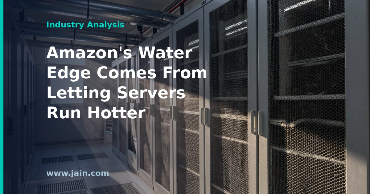 Amazon data center with evaporative cooling units, illustrating water efficiency of 0.12 liters per kilowatt-hour