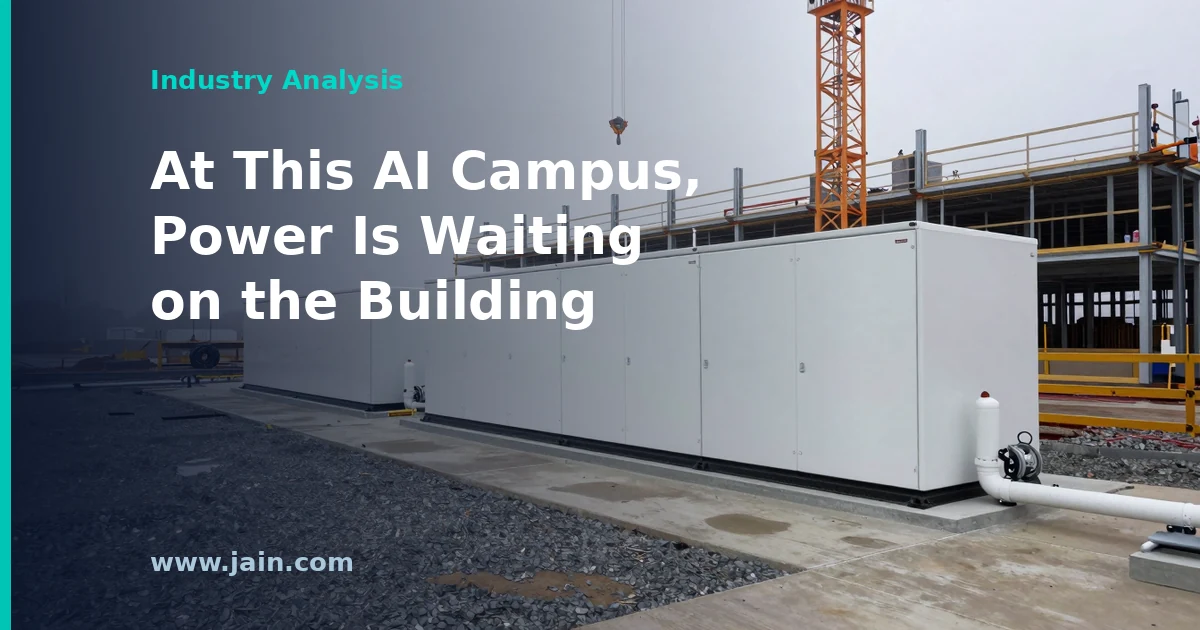 Bloom Energy fuel-cell power block beside an unfinished AI data center hall at Nebius's 300 MW Vineland, New Jersey campus