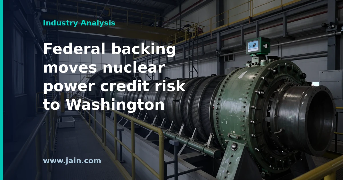 Nuclear power plant cooling towers beside transmission lines, illustrating Vistra's reported $4 billion federal nuclear loan