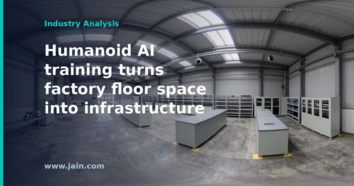 Humanoid robots working in a reproduced factory environment beside AI server racks at Generative Bionics' Physical AI Data Factory