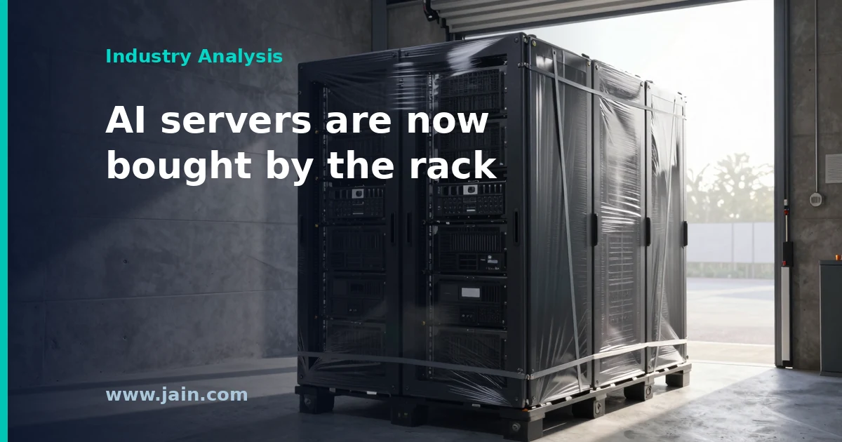 Rack-scale AI server cabinets in a data center aisle, illustrating Arm overtaking x86 in AI infrastructure spending
