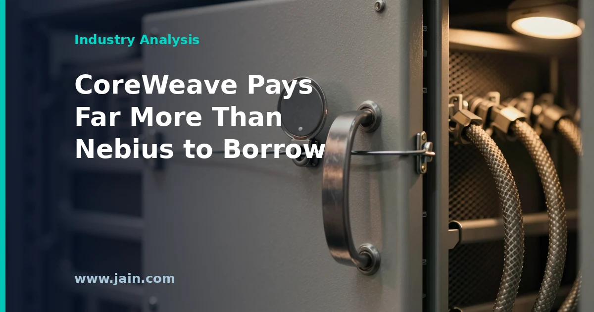 Chart comparing CoreWeave's $2.6B AI loan spread of SOFR plus 5.5% with Nebius's SOFR plus 2.5% facility