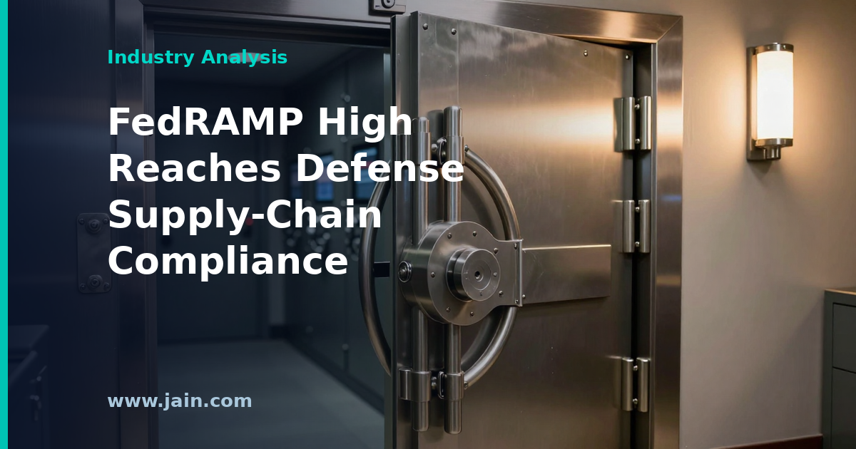 FedRAMP High cloud security shield over a layered defense supply chain of prime and subcontractor data