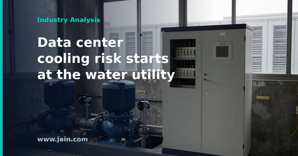 Water treatment plant control panel and cooling towers illustrating the Oregon water system hack and data center cooling risk