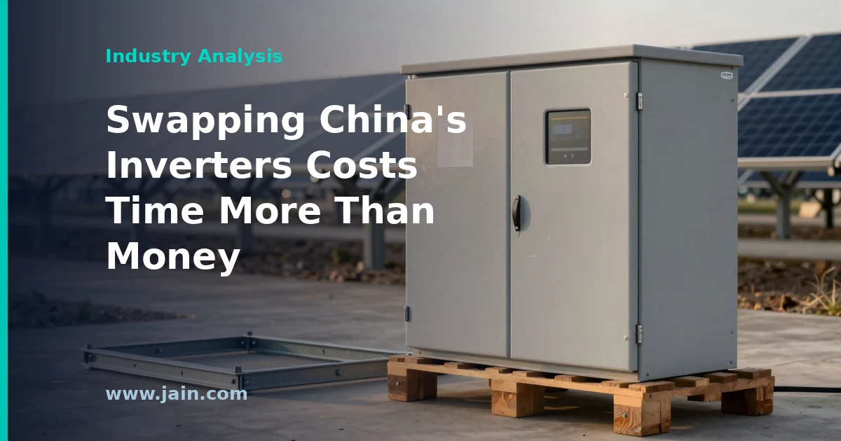 Rows of utility-scale solar panels feeding power inverters, illustrating inverter supply chain cybersecurity risks