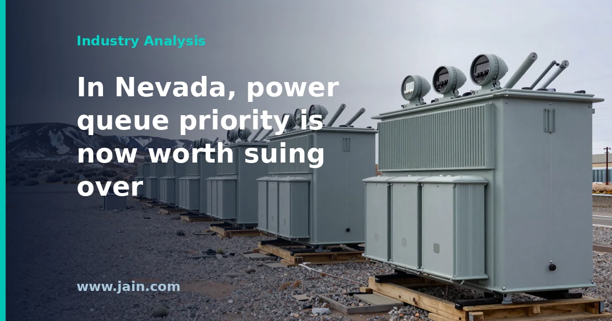 High-voltage transmission lines crossing desert toward a Northern Nevada data center campus, illustrating NV Energy's lawsuit against Tract