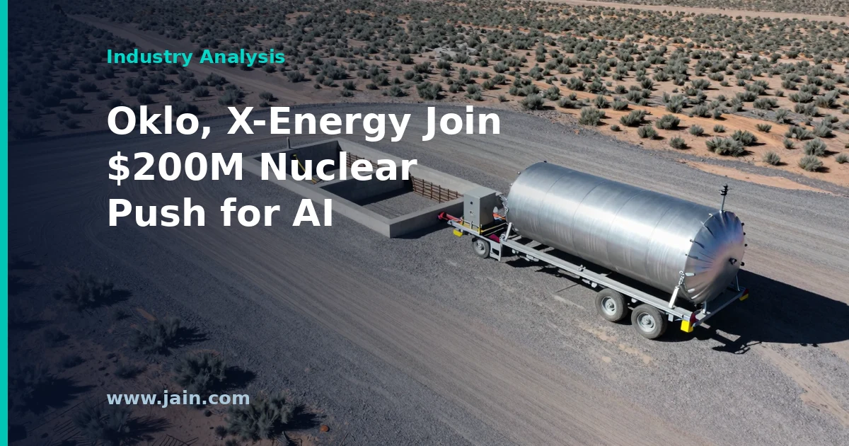 Advanced nuclear reactor site beside an AI data center campus, illustrating the DOE's $200 million Oklo and X-Energy initiative