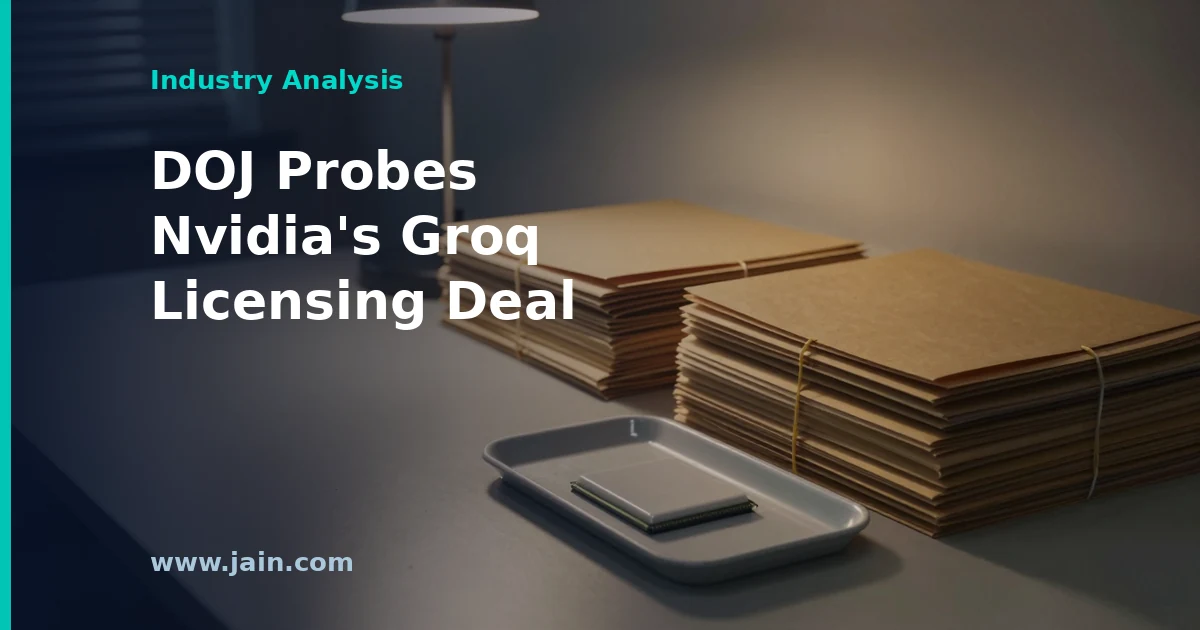 Nvidia and Groq AI inference chips under Justice Department antitrust review, with a data center rack behind