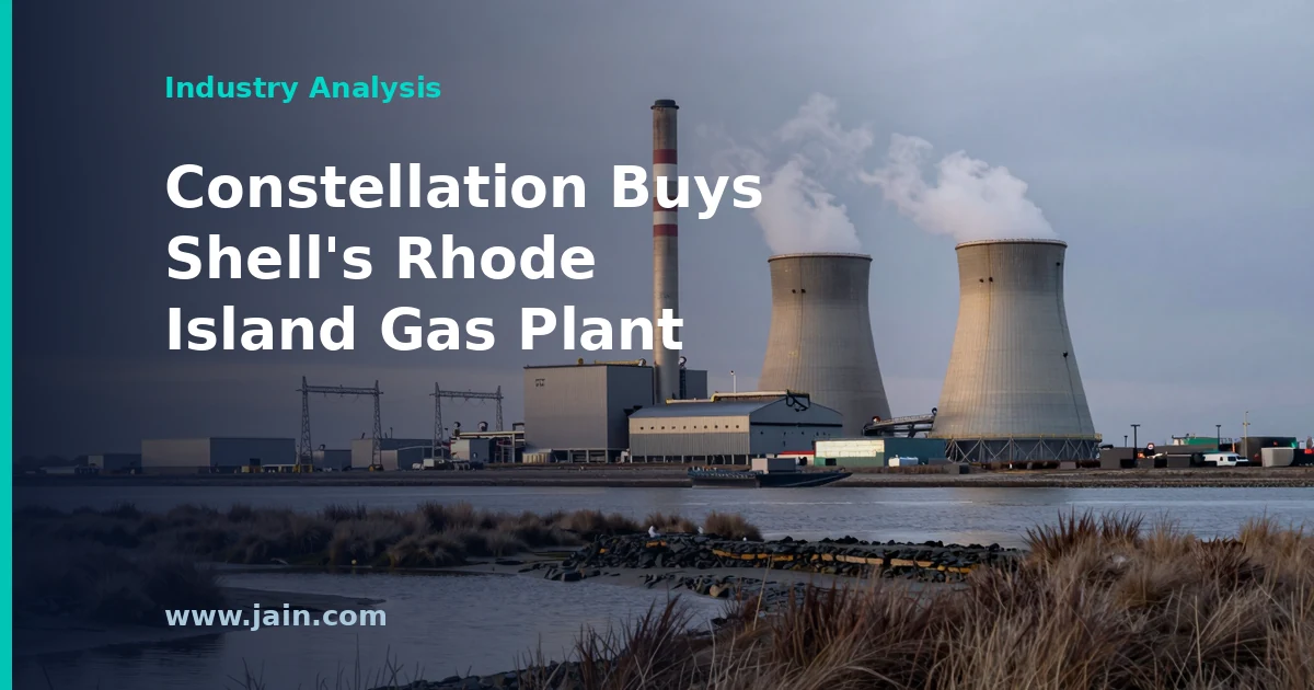 Gas-fired power plant at dusk representing Constellation's $715M Rhode Island acquisition from Shell