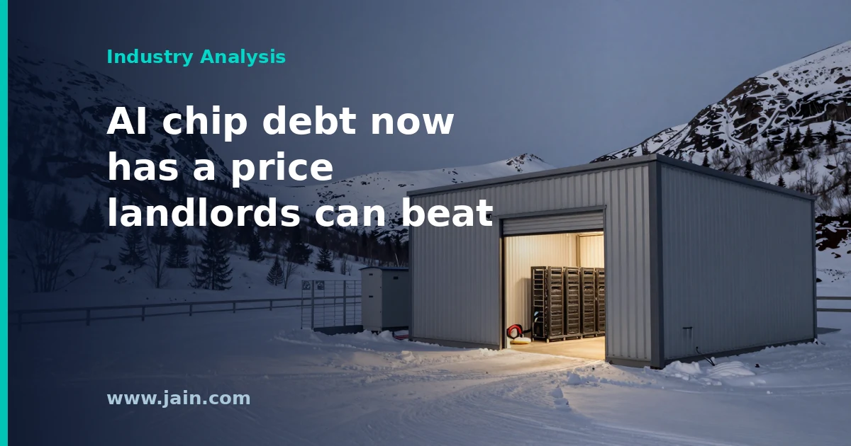 AI data center campus with GPU server racks, illustrating Volta's $5B GPU financing at 11.4% yield and landlord Bitdeer's Tydal site