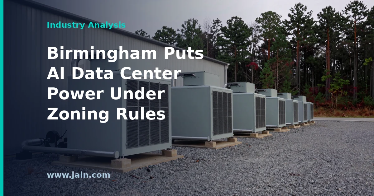 Hyperscale data center behind acoustical walls near an industrial corridor, illustrating Birmingham's data center zoning ordinance
