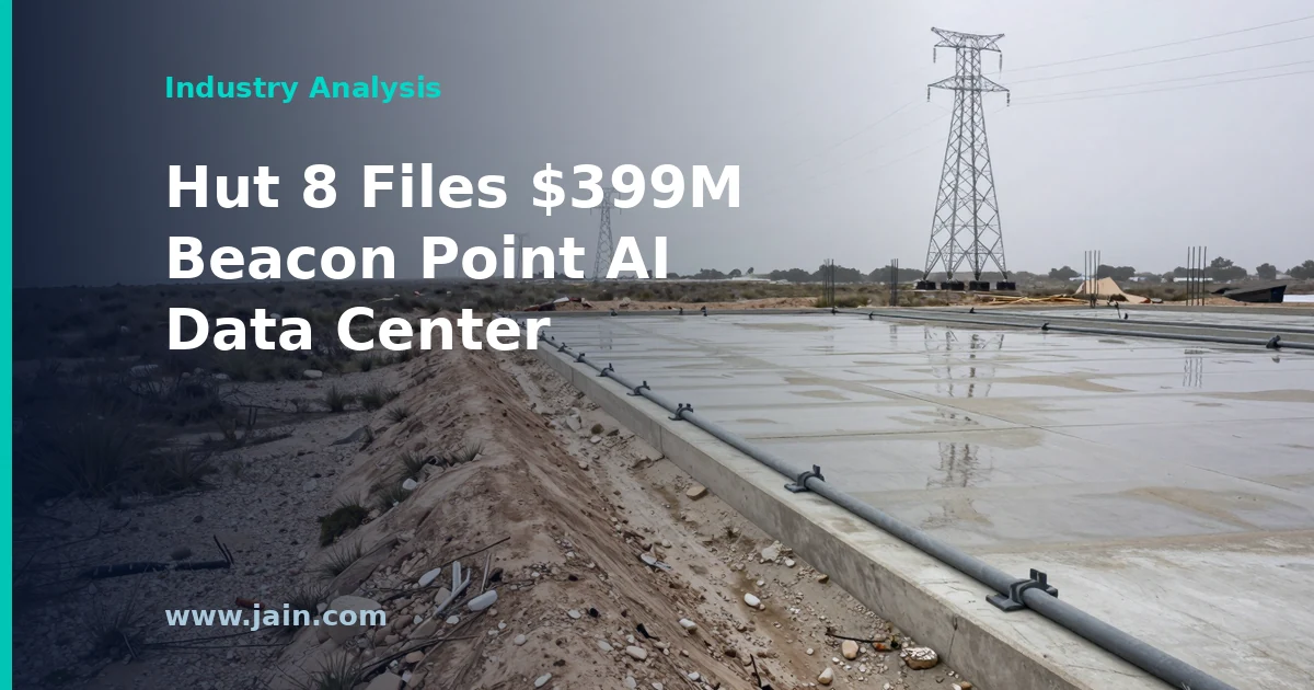 Large AI data center under construction on flat Texas coastal land near Corpus Christi with high-voltage power lines