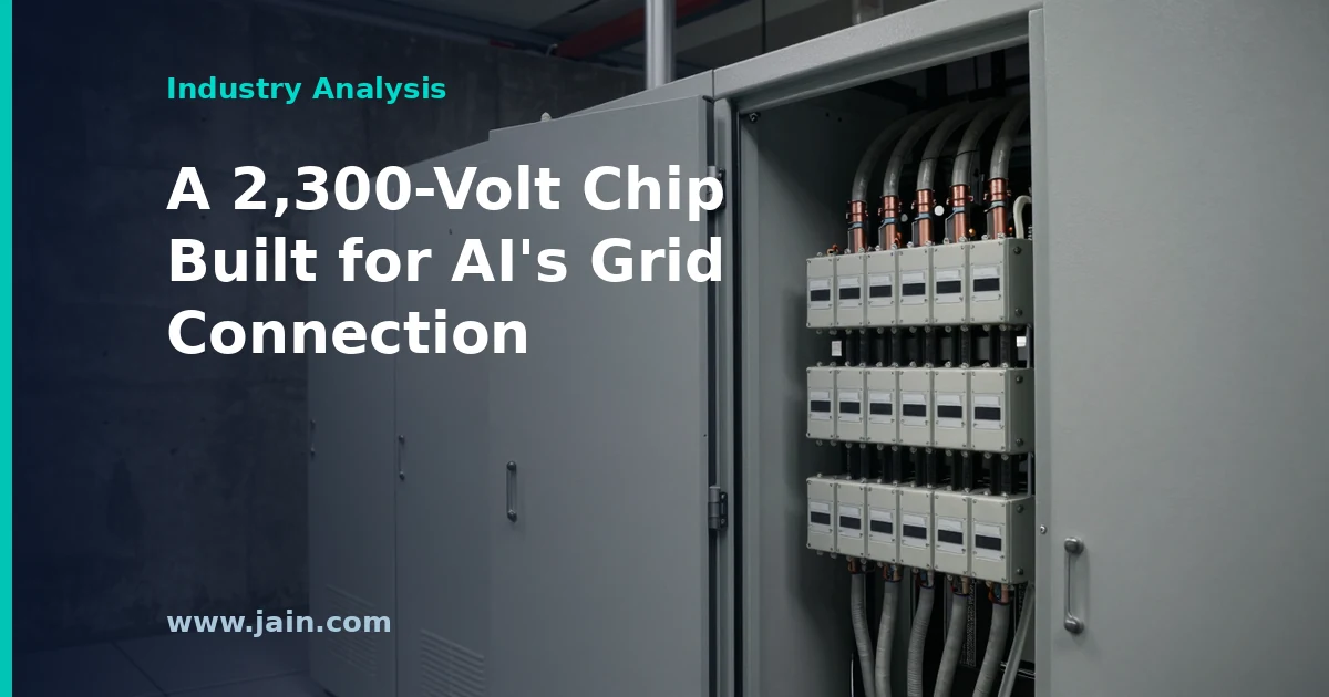 Navitas 2,300-volt silicon carbide power module beside medium-voltage grid equipment feeding an AI data center