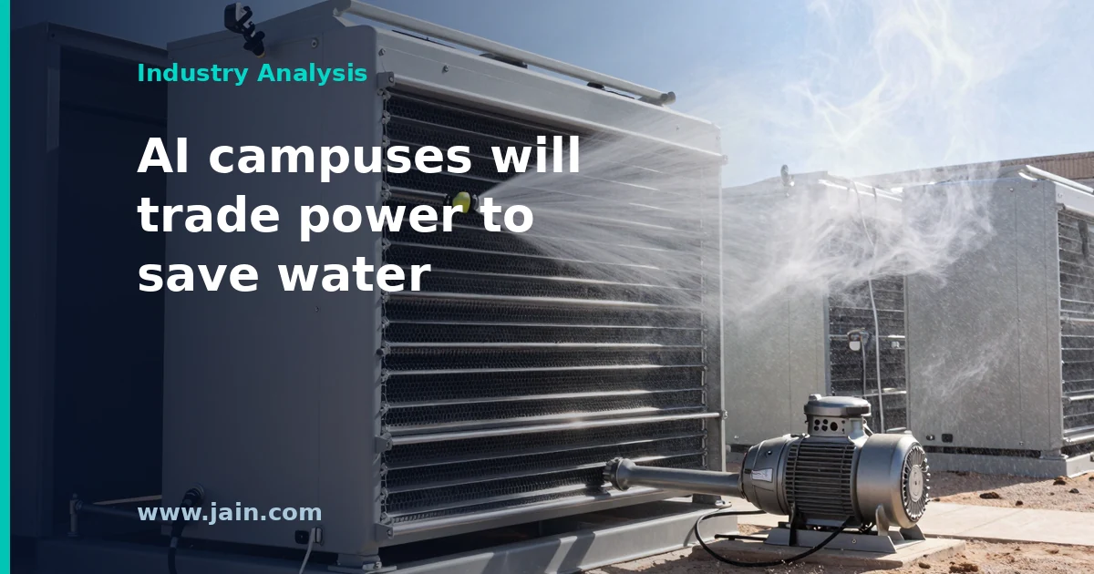 Hybrid adiabatic coolers beside open cooling towers at an AI data center campus, illustrating the cooling tower market shift