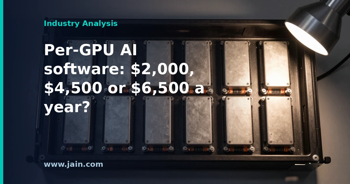 Rows of Nvidia GPU servers in an AI data center, illustrating the $2,000-per-GPU annual agent software fee