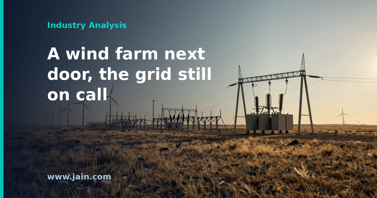 Wind turbines beside a planned 50 MW AI data center site in Briscoe County, Texas, with grid transmission lines
