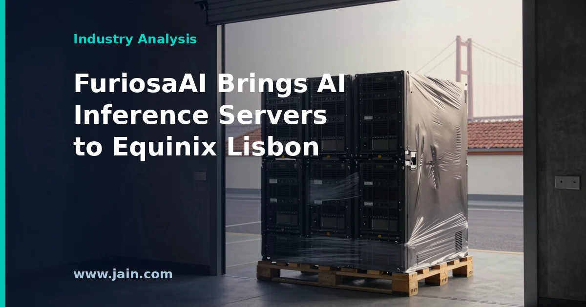 Rows of AI inference servers inside an Equinix Lisbon data center, representing FuriosaAI's sovereign AI push in Europe