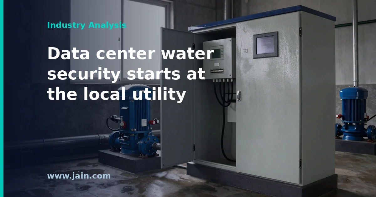 Water treatment plant controls beside a data center cooling system, illustrating water utility cybersecurity risk