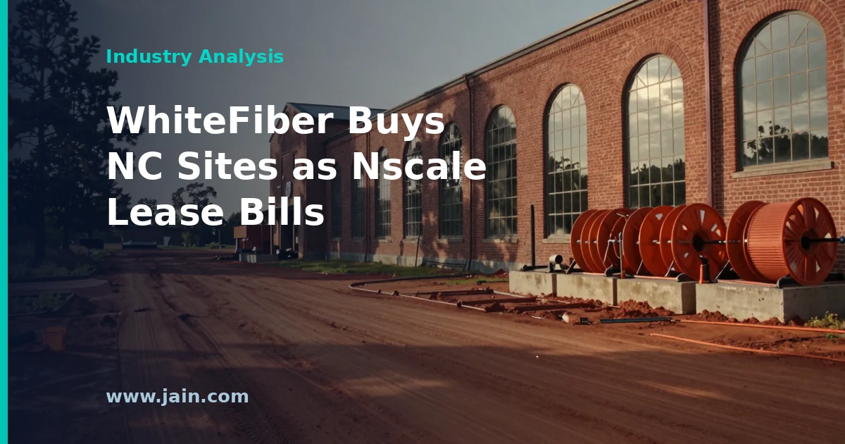 WhiteFiber AI data center campus in North Carolina with GPU server halls and utility power infrastructure