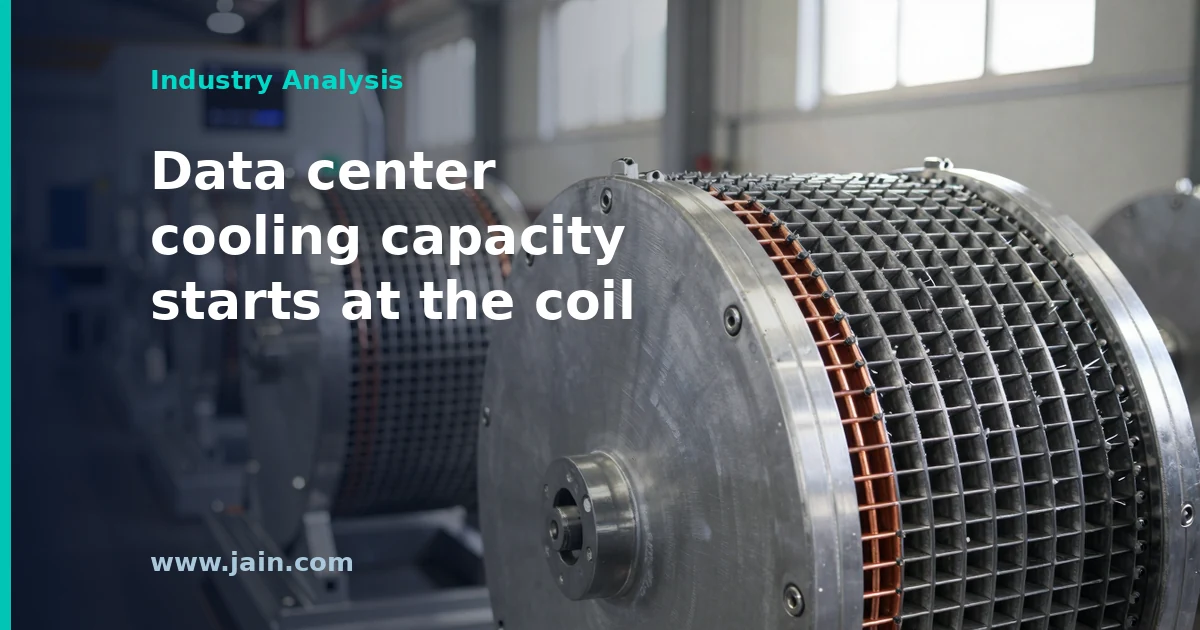 Finned-tube heat exchanger coils on a factory floor, illustrating Trane Technologies' acquisition of Cancoil Thermal
