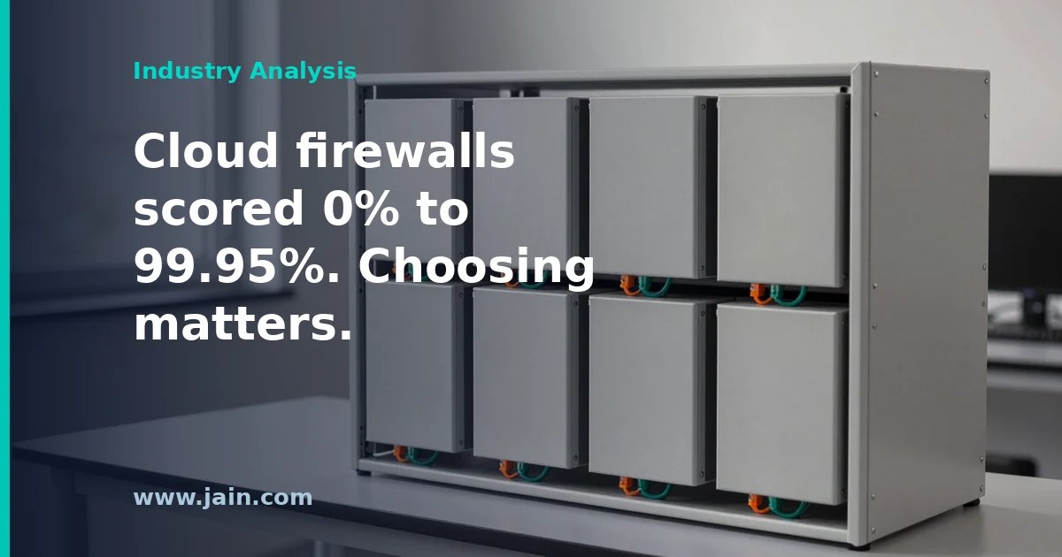 Bar chart comparing 2026 cloud network firewall security effectiveness scores from 0% to 99.95% across nine products