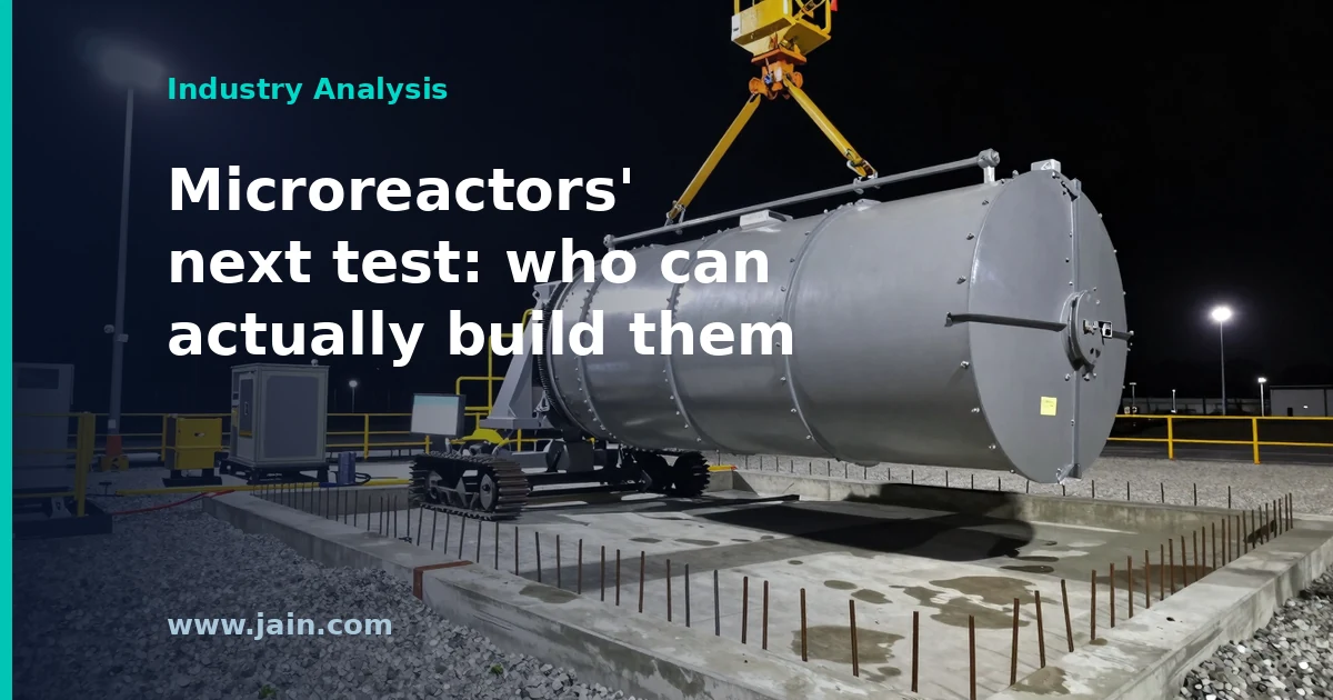 Illustration of a compact 15 MW KRONOS nuclear microreactor under construction beside a data center campus