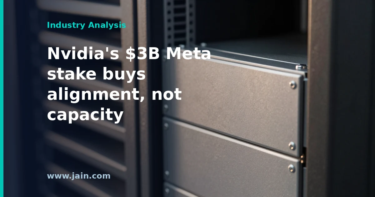 Nvidia AI chips beside a Meta data center, illustrating Nvidia's $3 billion investment in Meta's equity offering