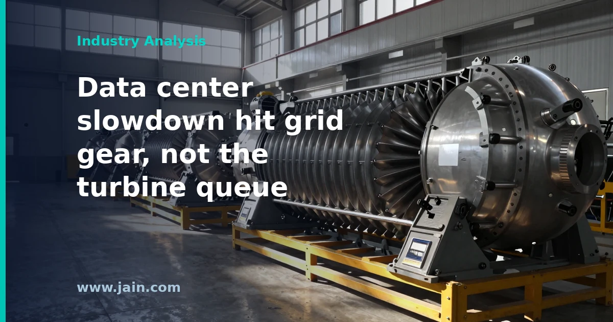 Gas turbine on a factory floor beside grid transformers, illustrating GE Vernova data center order slowdown