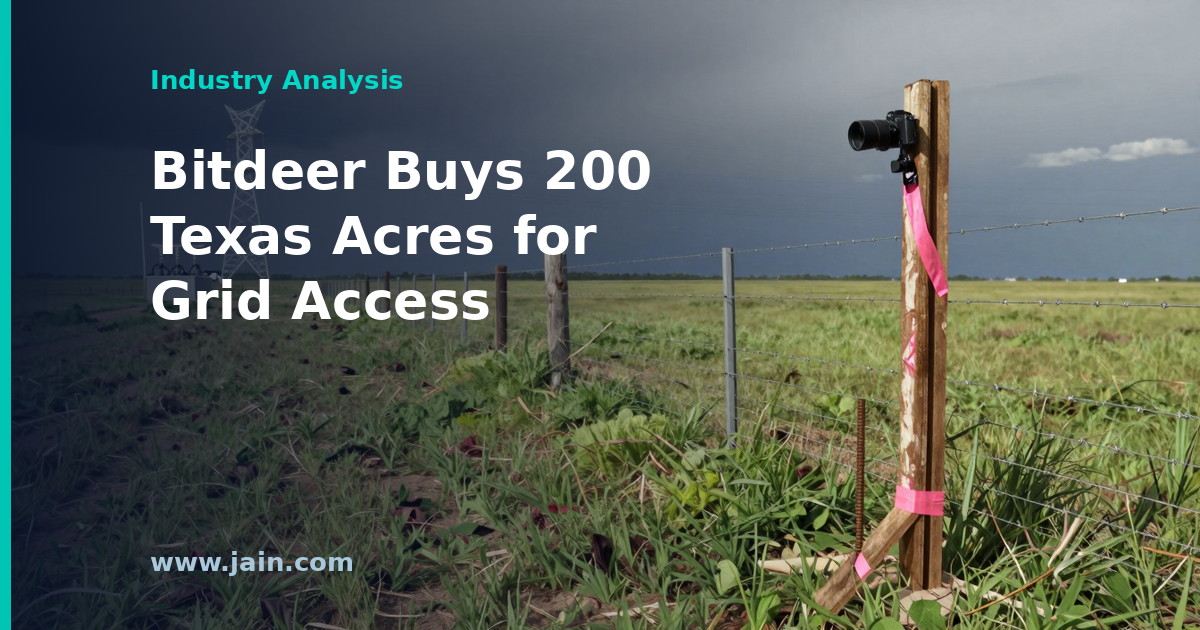 Greenfield land beside a Texas data center campus with transmission lines, illustrating Bitdeer's $100M Milam County land buy