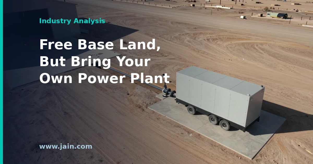 Cleared desert land at a US military base slated for a Pentagon AI data center, with on-site power plant nearby