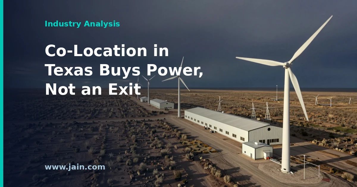 AI data center beside a Texas wind farm, illustrating the PUCT co-location ruling and ERCOT curtailment rules