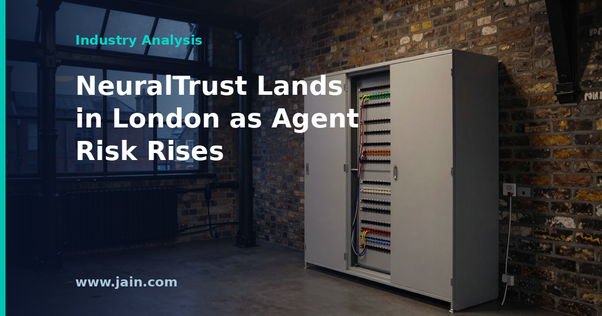 AI agent security dashboard over a London skyline, marking NeuralTrust's new UK office