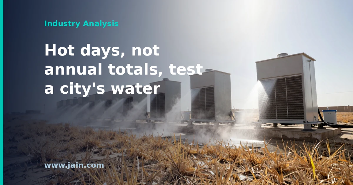 Cooling towers at a data center under summer heat, illustrating Salem data center peak water use of 3 million gallons