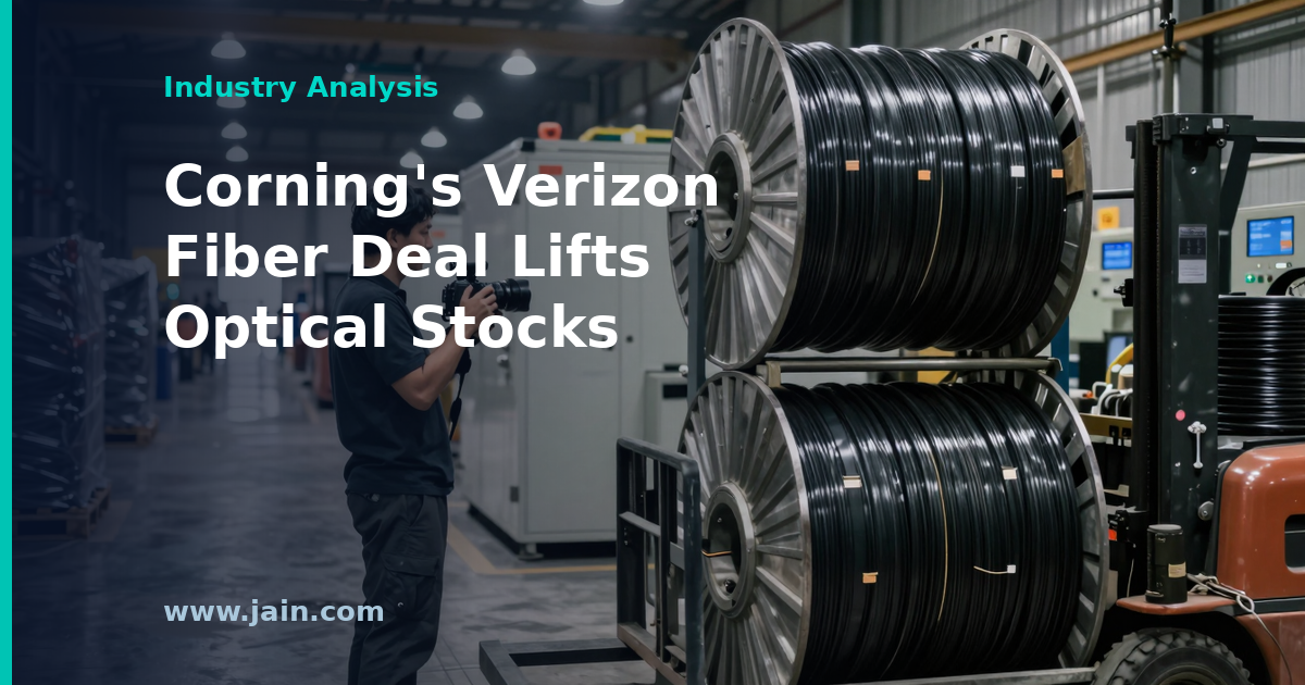 Spools of optical fiber cable on a factory floor, illustrating Corning's Verizon fiber supply deal