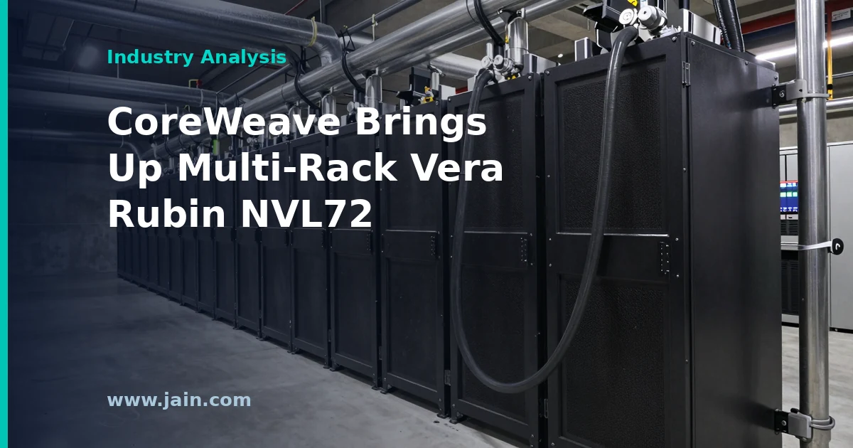 Rows of liquid-cooled NVIDIA Vera Rubin NVL72 racks linked into a CoreWeave multi-rack AI cluster