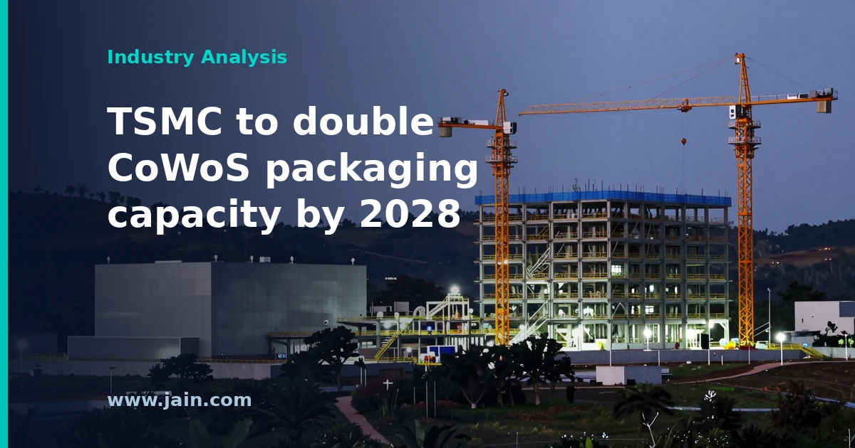 CoWoS advanced packaging wafer with logic die and memory stacks, illustrating TSMC's AI chip capacity expansion