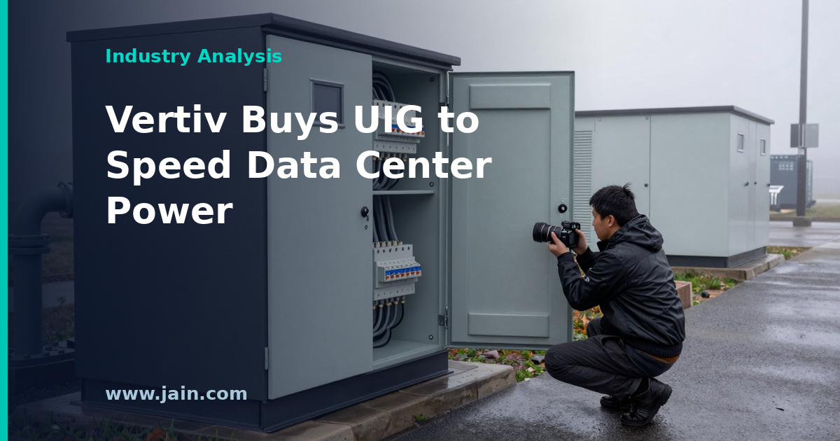 Data center power infrastructure with microgrid switchgear and energy storage, illustrating Vertiv's UIG acquisition
