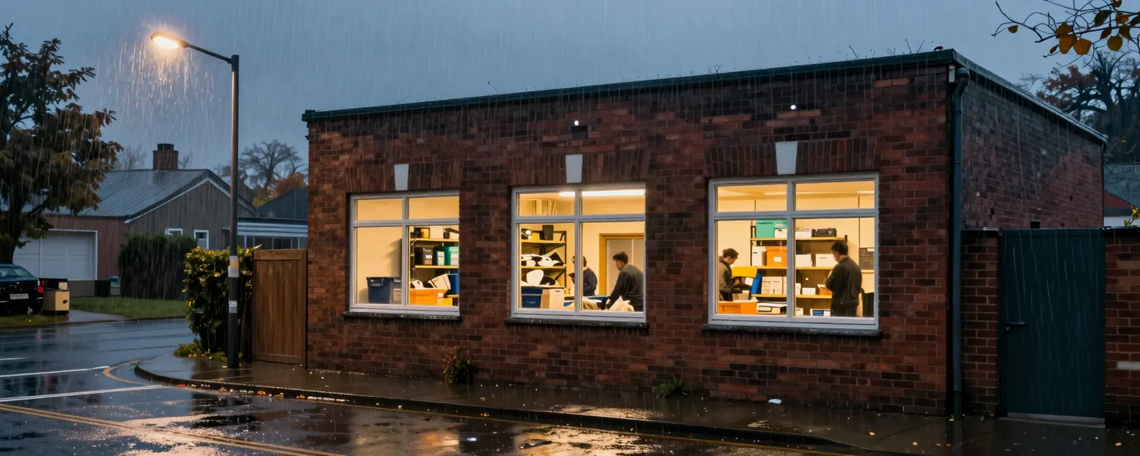 A small brick community building at dusk in heavy rain: its windows glow warm as people inside sort supplies on shelving, while the street outside is dark and wet under a streetlight.