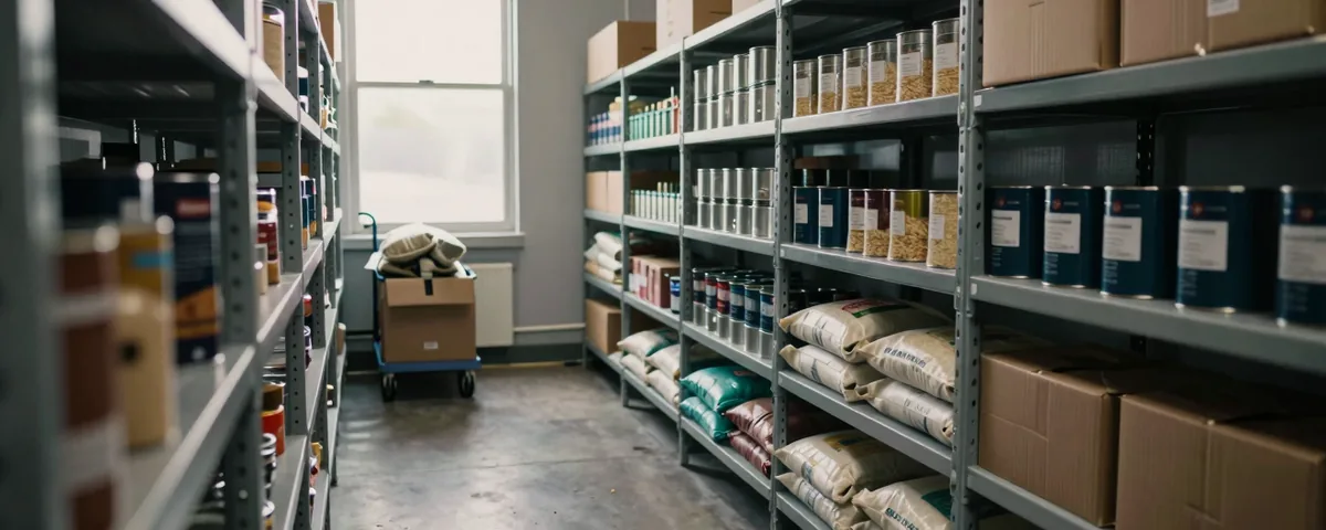 The stockroom of a small food bank: steel shelves stocked with tins, sacks and boxes, a loaded cart by the window.